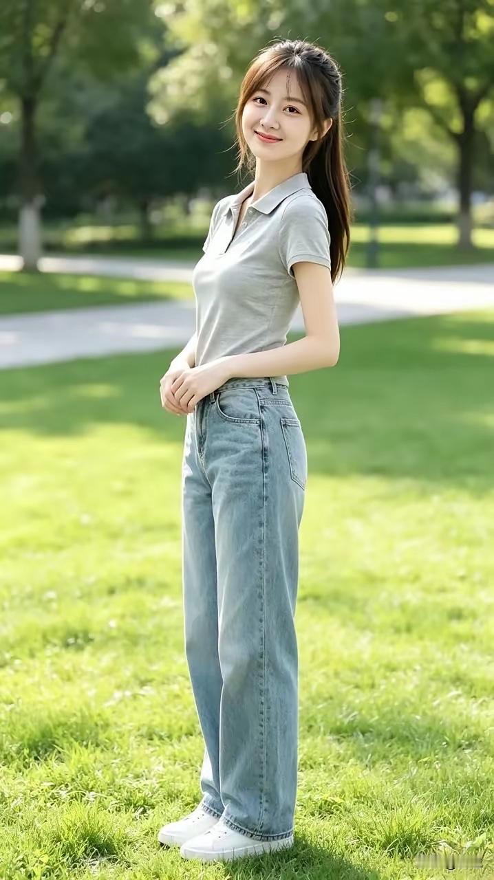 这样的打扮是否太过于学生气？
       这身穿搭以浅灰色修身Polo衫搭配高