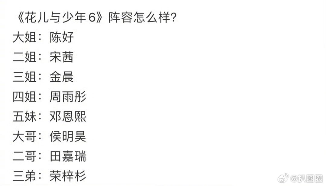 #网传花儿与少年6名单# ​​陈好、宋茜、金晨、周雨彤、邓恩熙、侯明昊、田嘉瑞、