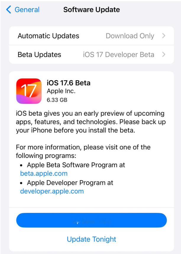 苹果今天凌晨推送了iOS17.6 beta1，版本号为21G5052e，现在还有