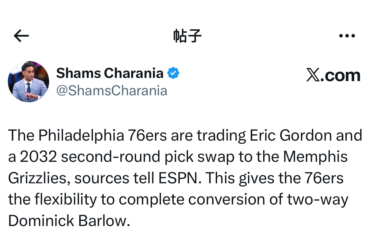 ESPN记者Shams：据消息人士透露，费城76人队将埃里克·戈登和一个2032