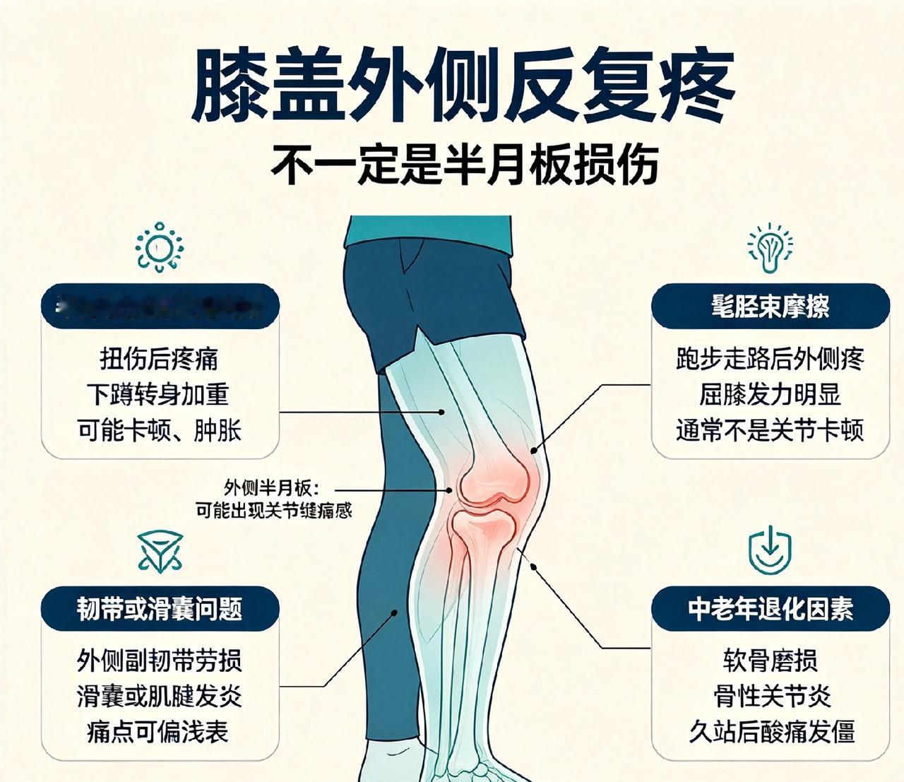 盖外侧反复疼，就是半月板损伤吗？
 
不少朋友膝盖外侧反反复复疼，第一反应就觉得