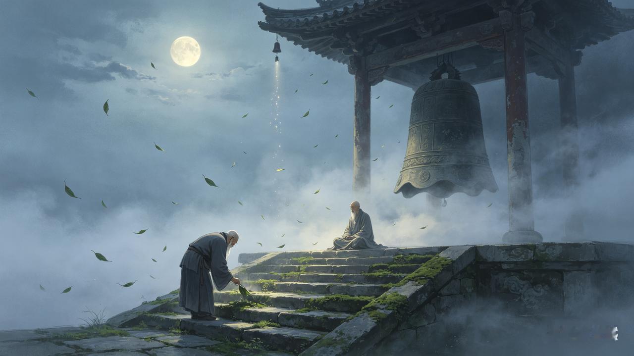 五绝:古寺
残钟穿暮霭，老衲拂苔阶。
贝叶随云落，禅心伴月埋。

     【二