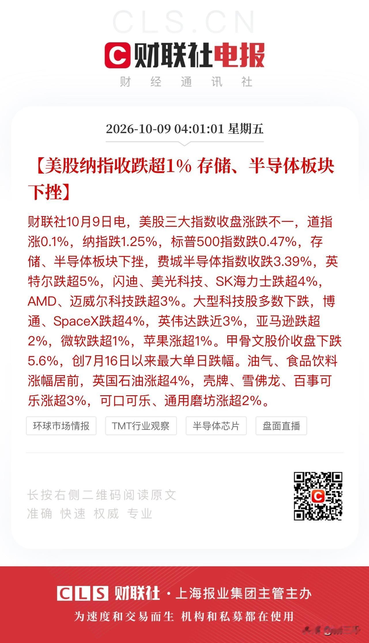 隔夜美股科技回调道琼斯站台！
美股科技股走势完全复制了白天A股的节奏，
光通信和