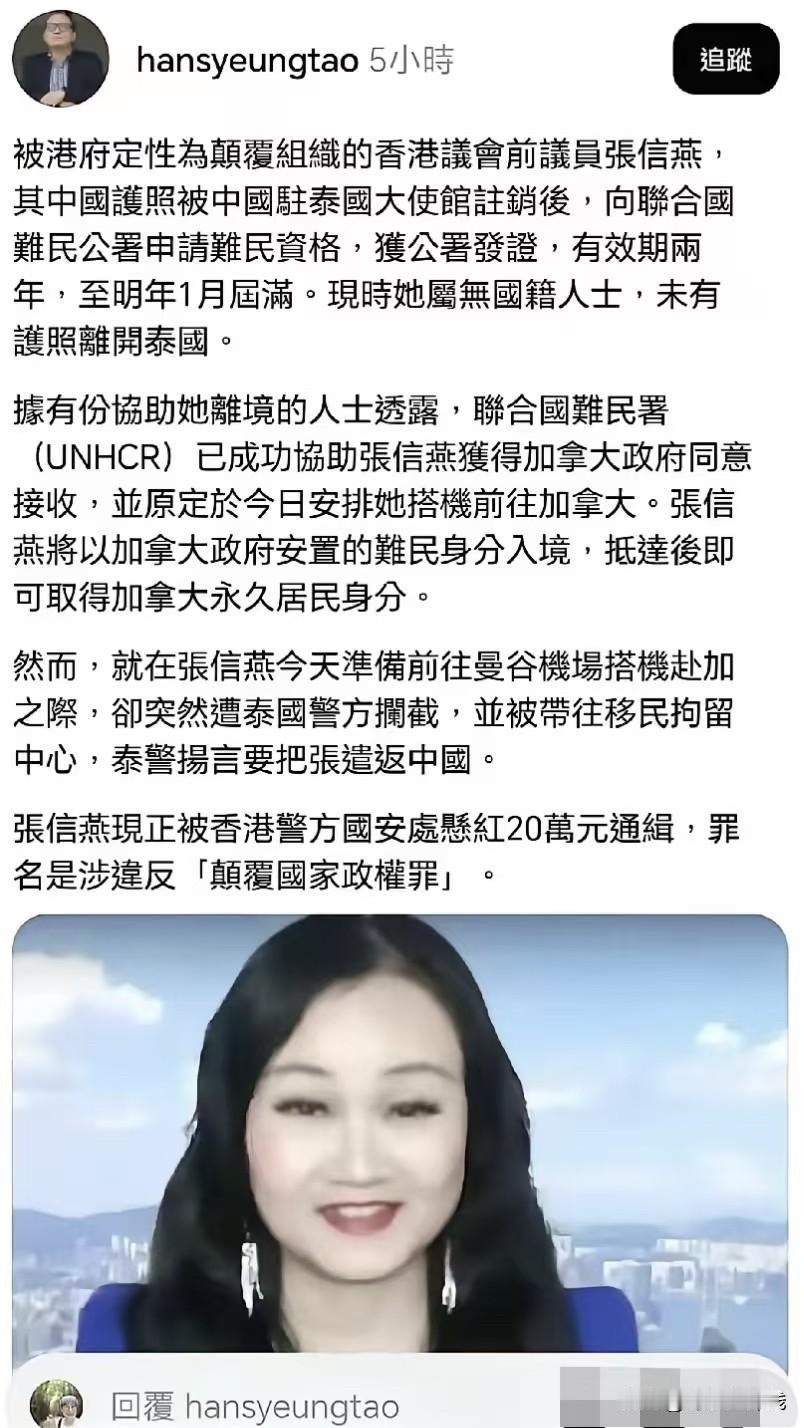 乱港分子张信燕，本以为逃到泰国就能躲过通缉，结果她严重低估了国家追责的决心。中国