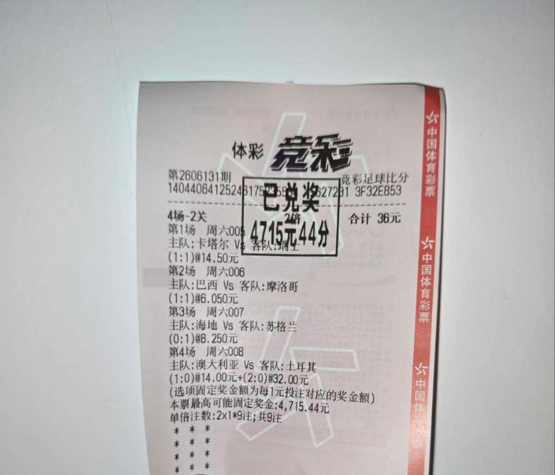 2026美加墨世界杯 4战比分全部通杀，单倍固定奖金4715.44元，已兑奖！[