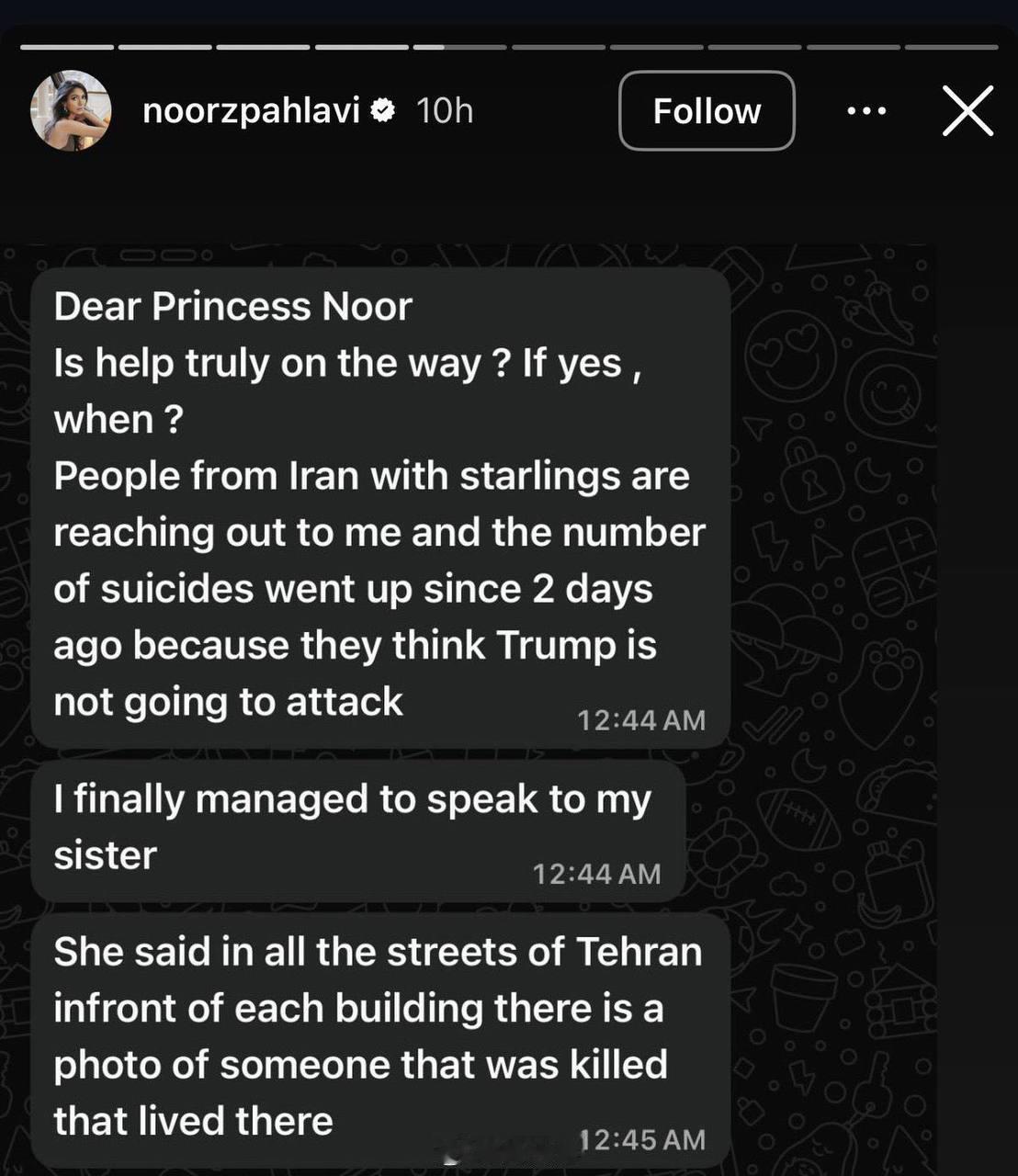 美国支持的礼萨·帕列维的女儿诺尔·帕列维在 Instagram 上发文称，多名伊