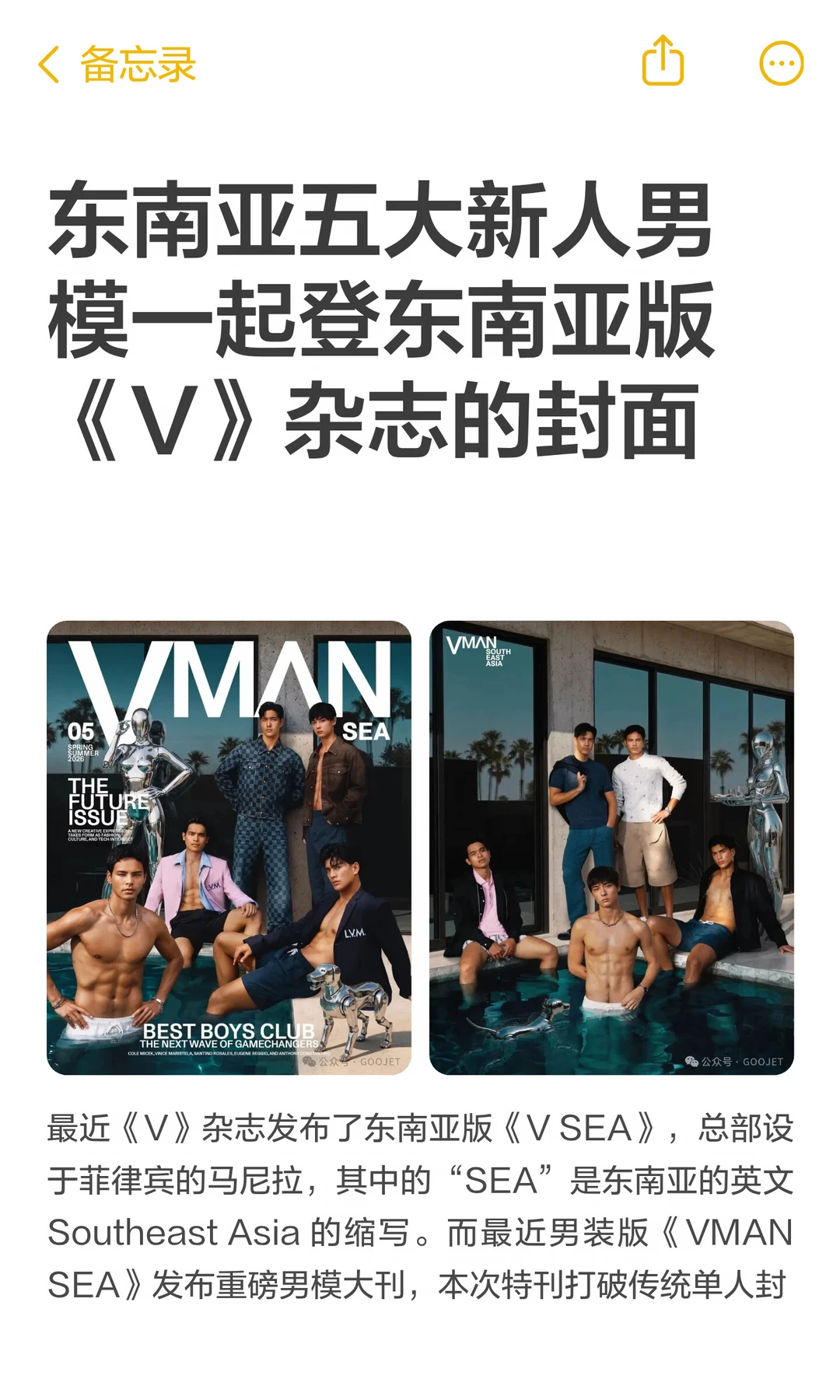 东南亚五大新人男模一起登东南亚版《V》杂志的封面。