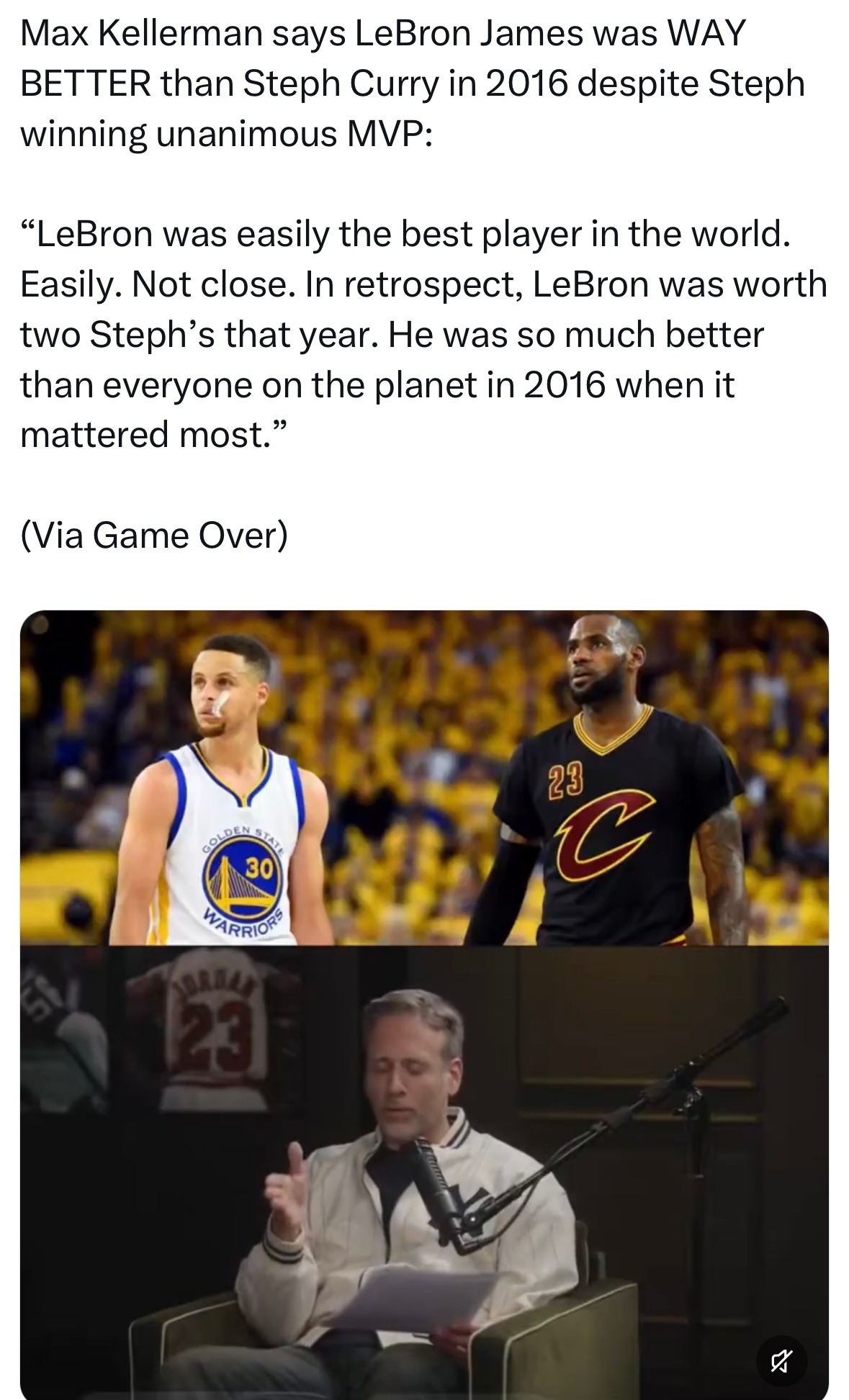 马克斯-凯勒曼认为，即便库里在2016年全票当选MVP，詹姆斯的表现也远强于库里