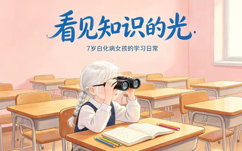 7岁白化病女孩戴4倍望远镜上课，妈妈回应：出门曾被喊“怪物”
近日，随着电视剧《