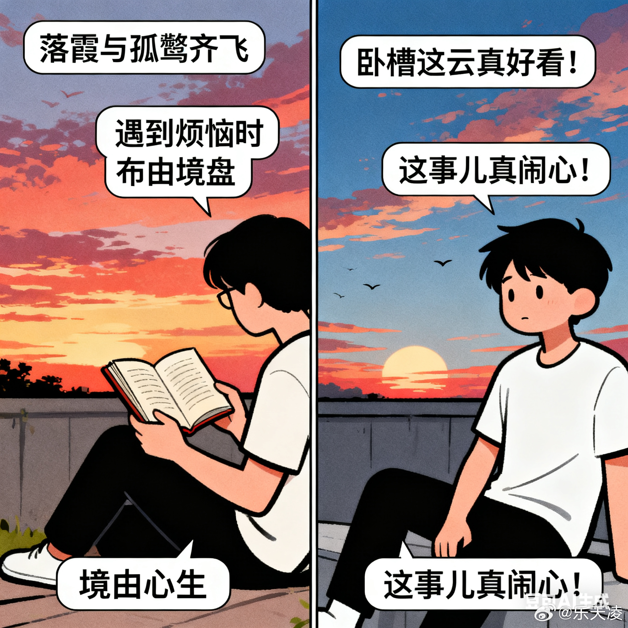 经常看书和不看书的区别  看到晚霞：看书的人说“落霞与孤鹜齐飞”，不看书的我：“