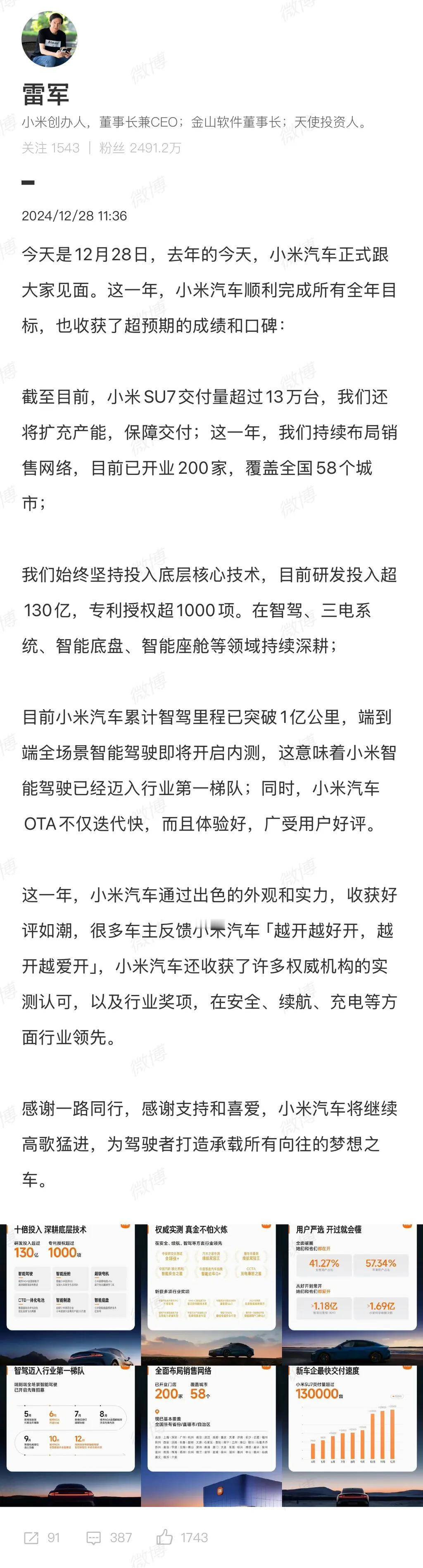 小米汽车宣布，截至目前，小米SU7全年交付量已超过13万辆，已提前完成全年所有目