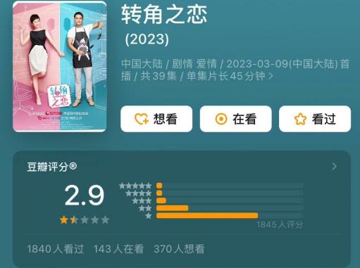 11日，由明道、蒋雯丽主演电视剧《转角之恋》豆瓣开分为2.9分。该剧讲述了离异