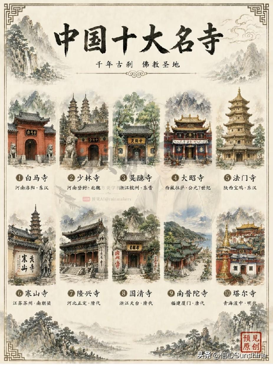 中国十大名寺，均为佛门名址。