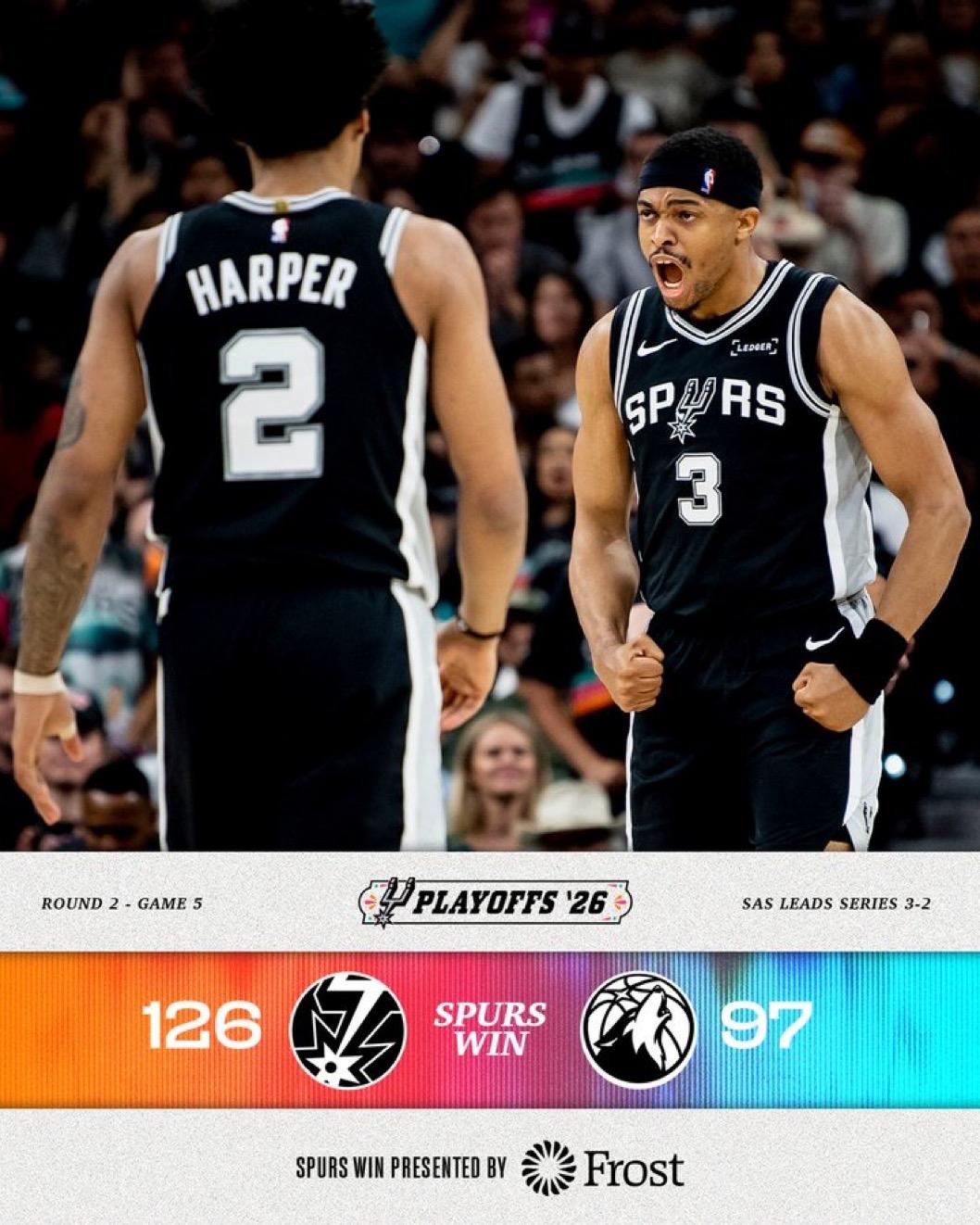 5月13日NBA季后赛西部半决赛战报（1场）：

森林狼97-126马刺，总比分