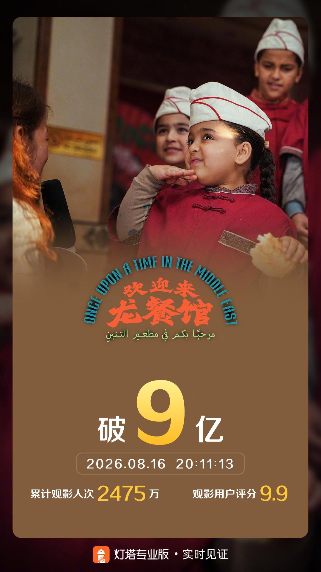 欢迎来龙餐馆票房破9亿 据灯塔专业版实时数据，截至8月16日20时11分，影片《
