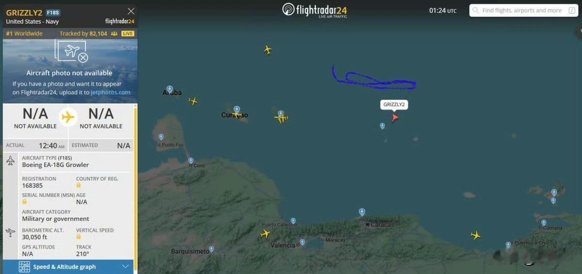 F24数据显示，美国海军一架 EA-18G 咆哮者电子战机正在委内瑞拉沿海执行任