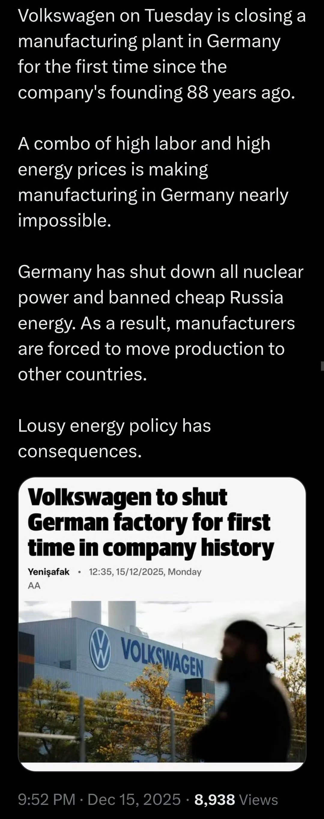 德国大众汽车公司成立88年来，首次关闭一家在德国的制造厂。大众汽车将于12月16