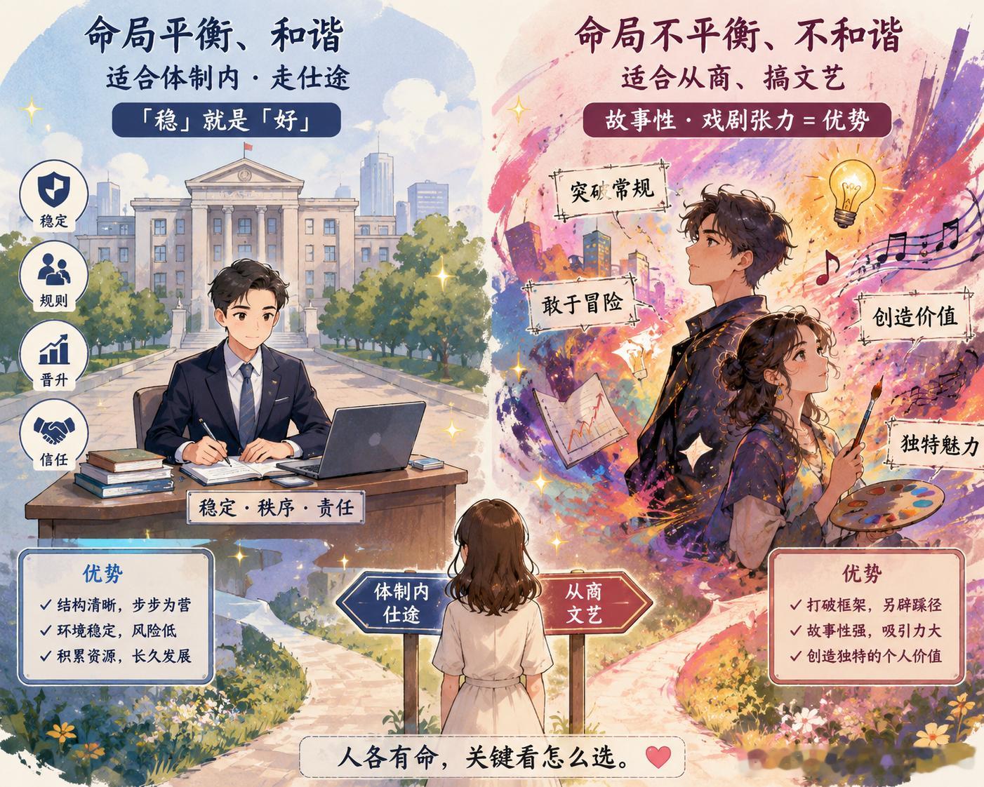 八字命局平衡、和谐，适合到体制内走仕途，因为「稳」就是「好」。但是，如果要从商、