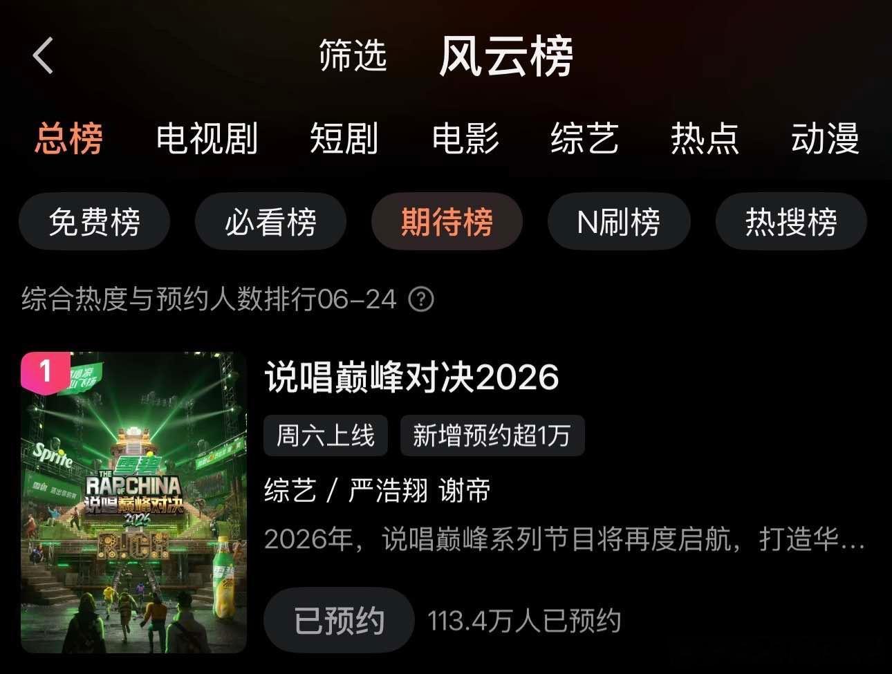 严浩翔说唱巅峰对决2026 tg：期待榜第一耶☝️ 