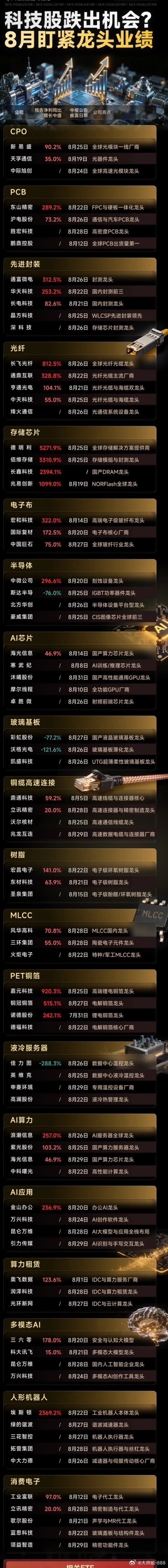 这份清单梳理了科技各大细分赛道龙头企业，标注了中期业绩预告增速与财报披露时间，方