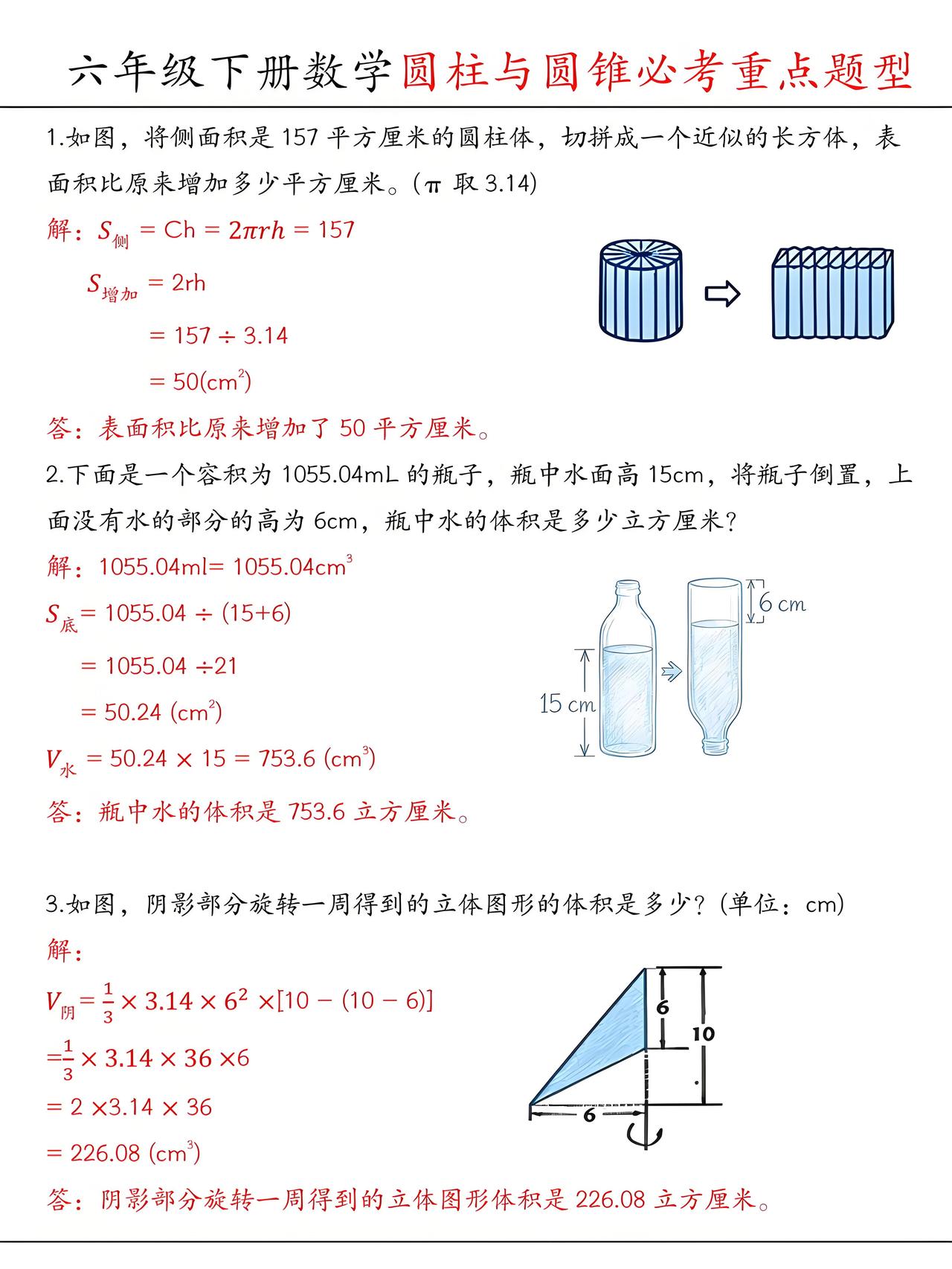 六年级下册数学：圆柱与圆锥必考重点题型+圆柱与圆锥易错题专练，收藏起来让孩子掌握