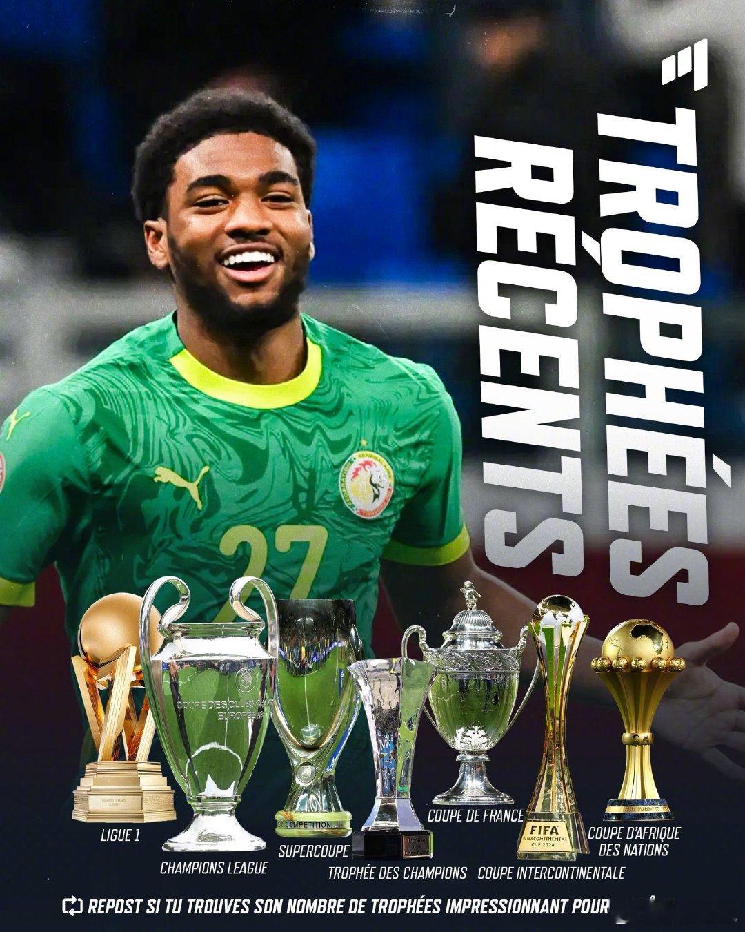 【17岁，8冠在手】17岁的巴黎前锋姆巴耶上赛季进入一线队，今天在非洲杯决赛替补