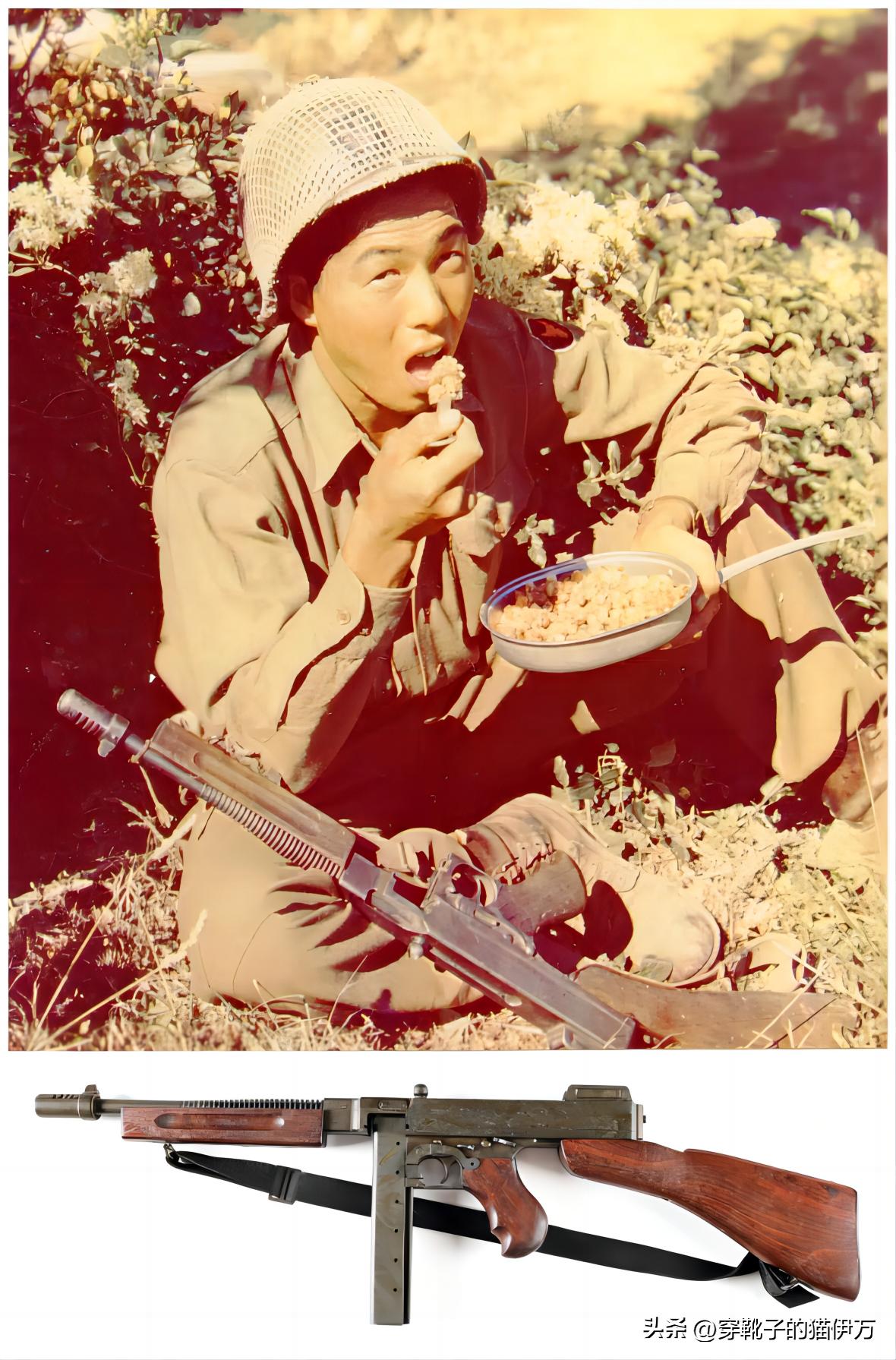 第二次世界大战，西线。一名美军第34步兵师第100步兵营的日裔士兵正在吃饭，他的