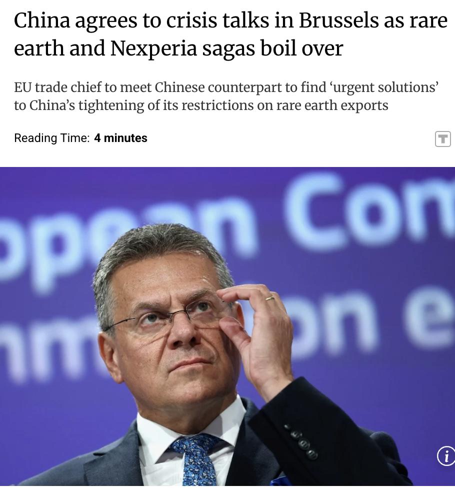 外媒：欧盟贸易专员马罗斯·塞夫科维奇表示，中国同意前往布鲁塞尔参加紧急会谈，以解