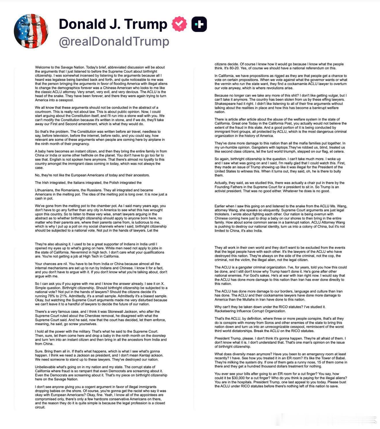 【黄金时代】川普总统猛烈抨击出生公民权和美国公民自由联盟（ACLU）：“欢迎来到
