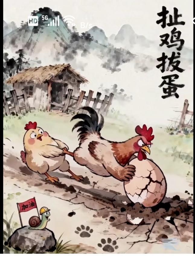 〔看图猜词语〕
图中画面真有趣；
好像儿时的游戏；
只是用鸡代替人；
用蛋代替大