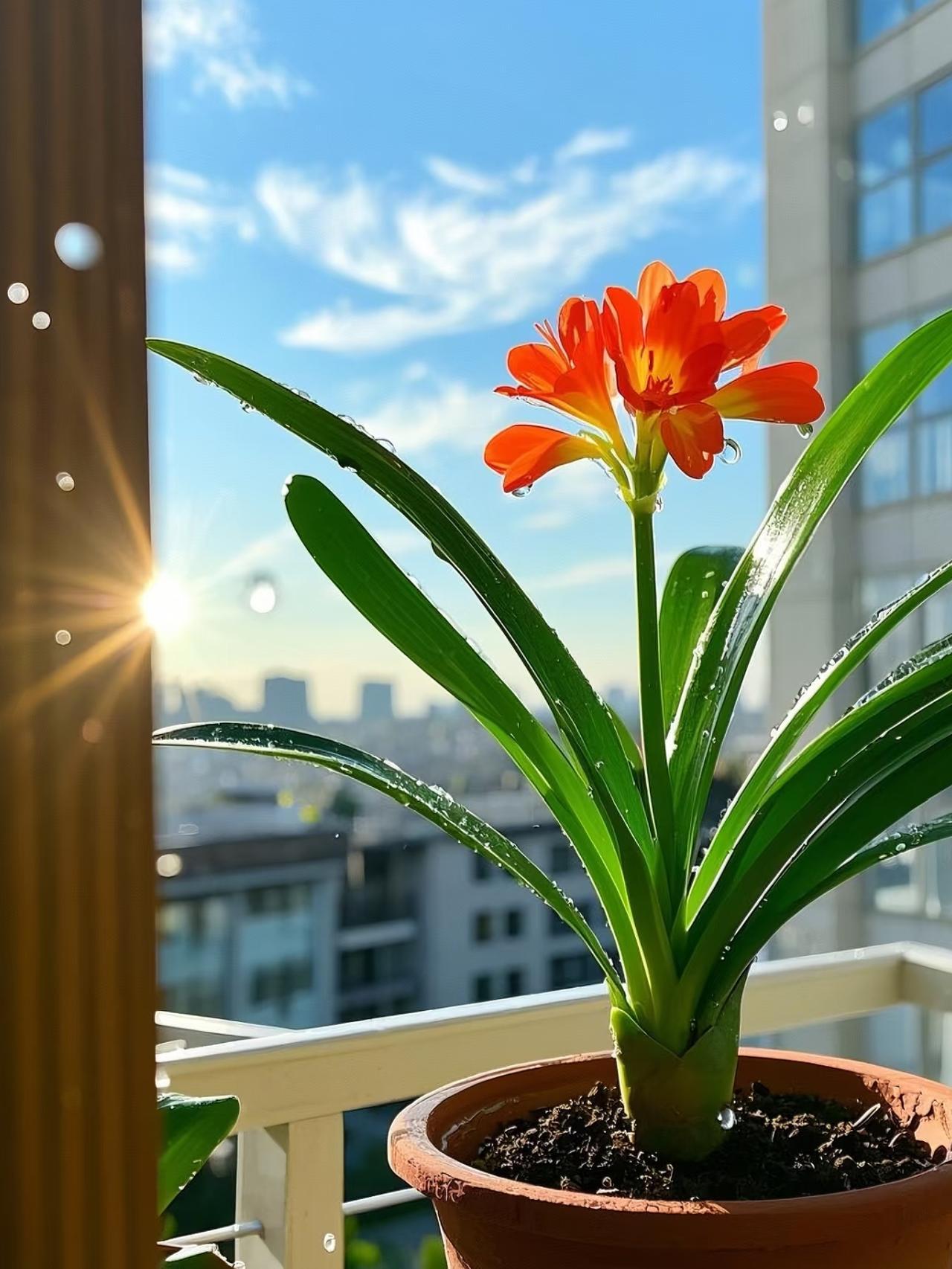 晒一张你拍的花晨光里的君子兰，带着水珠绽放，把温柔与生机都开在了阳台上。