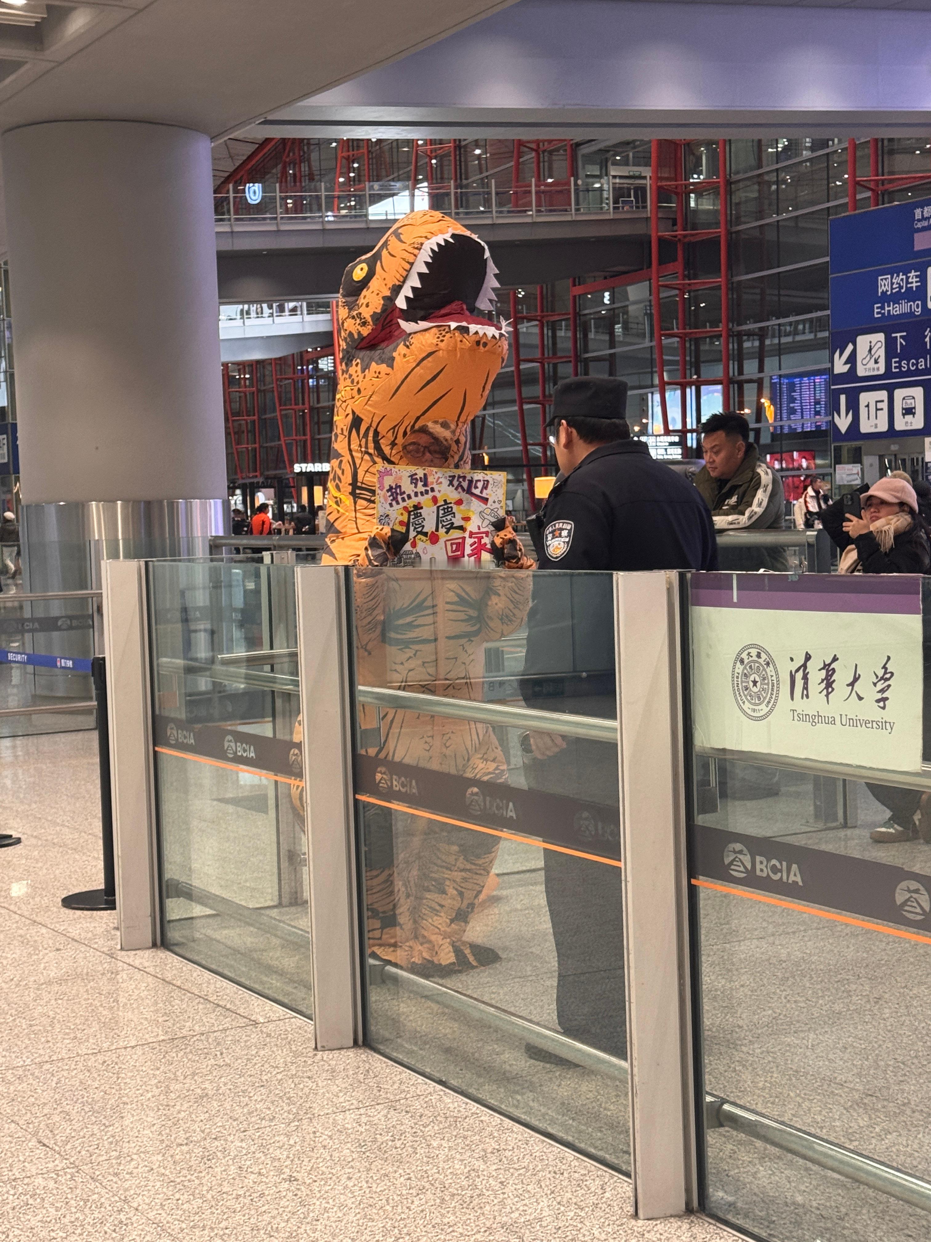 遇到一只热情的接机恐龙。👮叔叔走过去，提醒ta建国后恐龙禁止成精。感觉当ta的