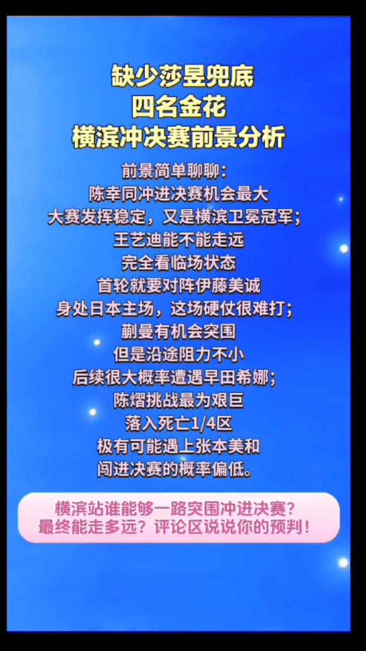 缺少莎昱兜底，四名金花横滨冲决赛前景分析。
前景简单聊聊：陈幸同冲进决赛机会最大