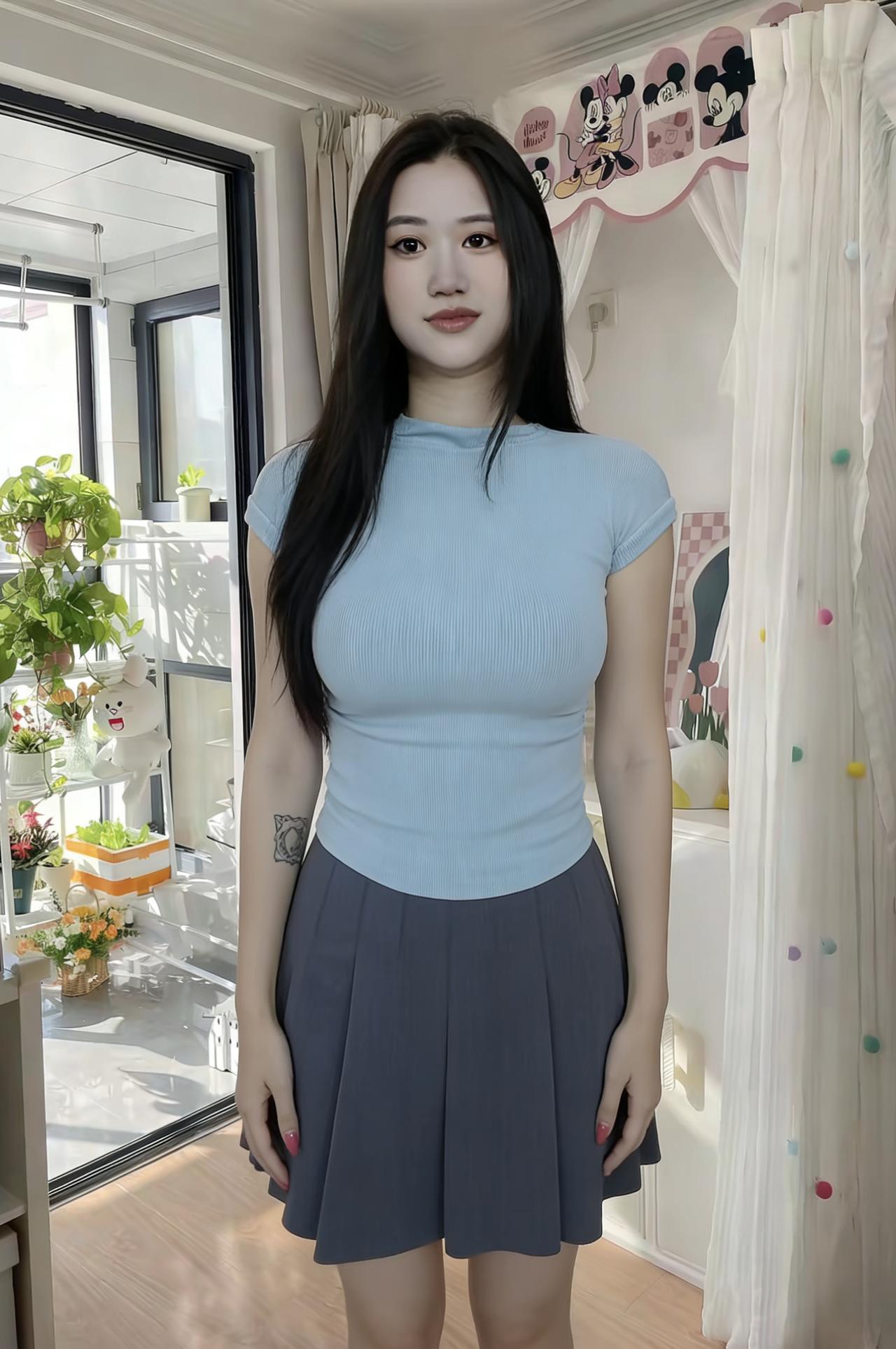 佳人立画堂，云鬓绾轻霜。
蓝衫凝素彩，灰裙曳暗香。
明眸含秋水，丹唇点绛妆。
静