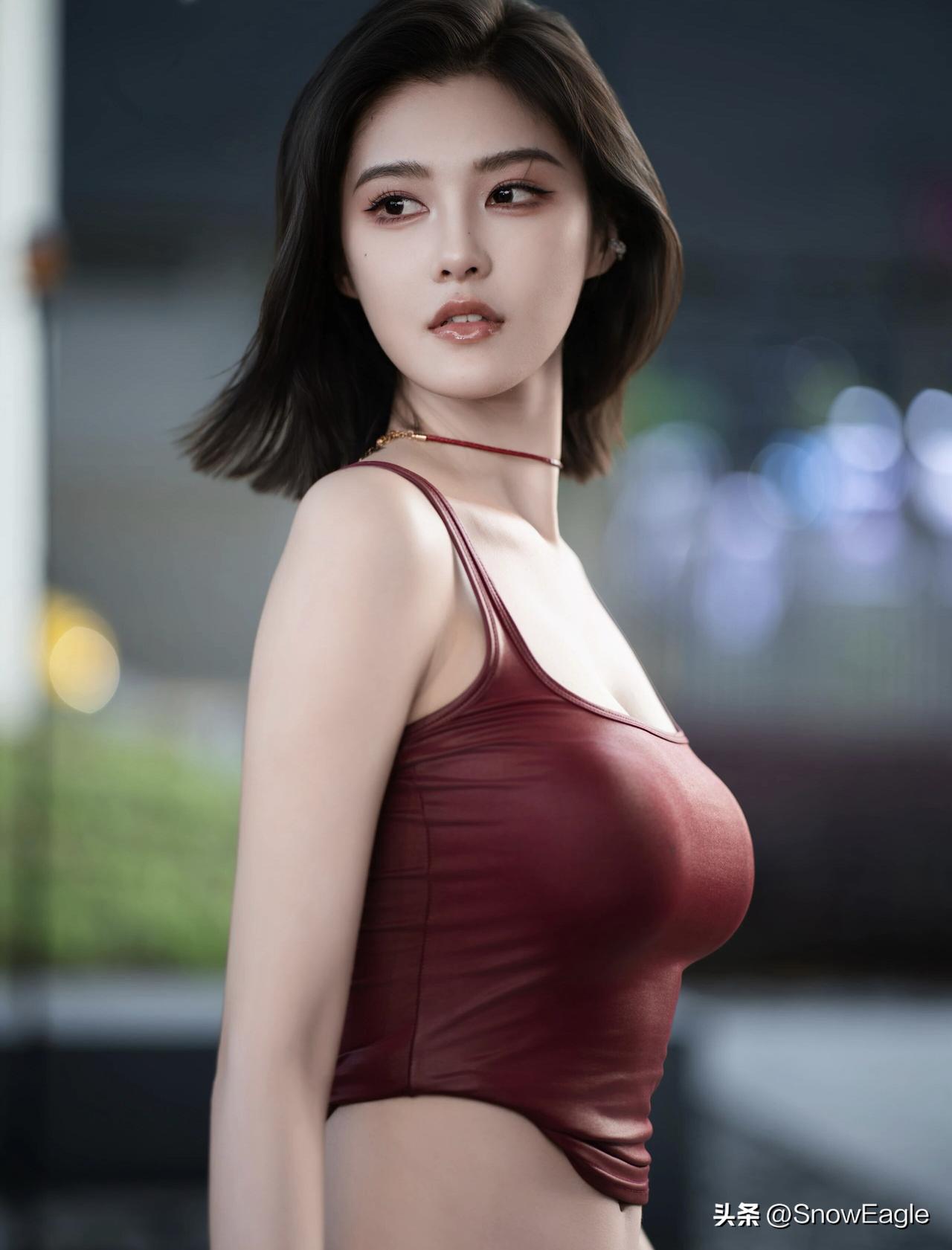 都市时尚女孩，红色吊带衫，自信微笑