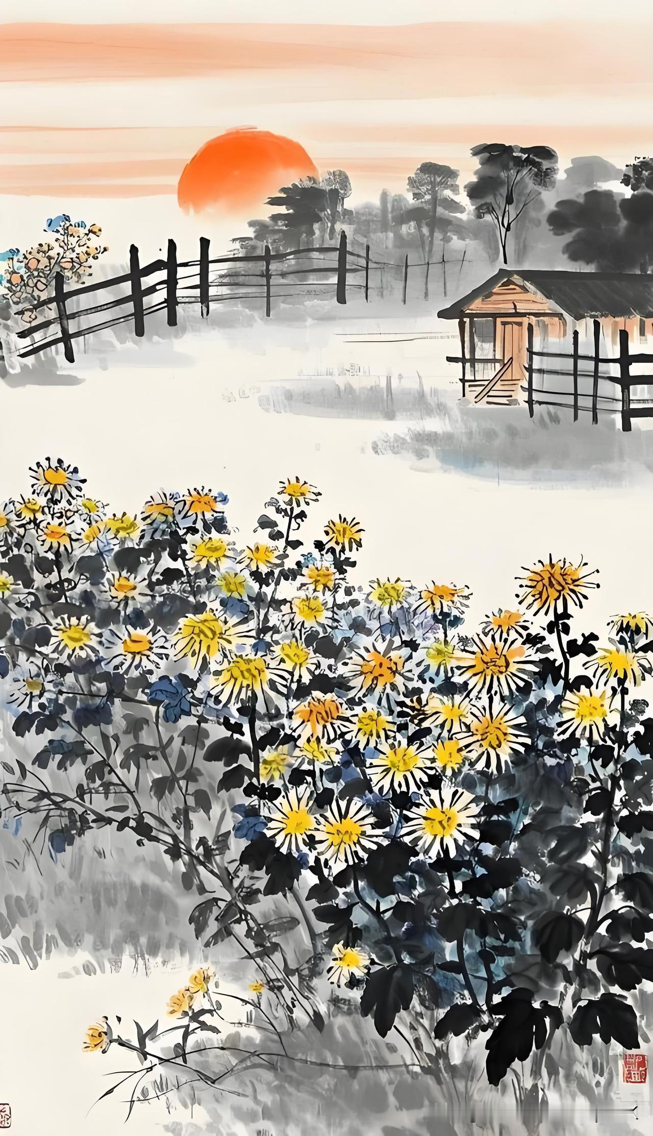 《秋景》
——明·萧仪
篱边种菊似柴桑，
开遍黄花酒正香。        
不用