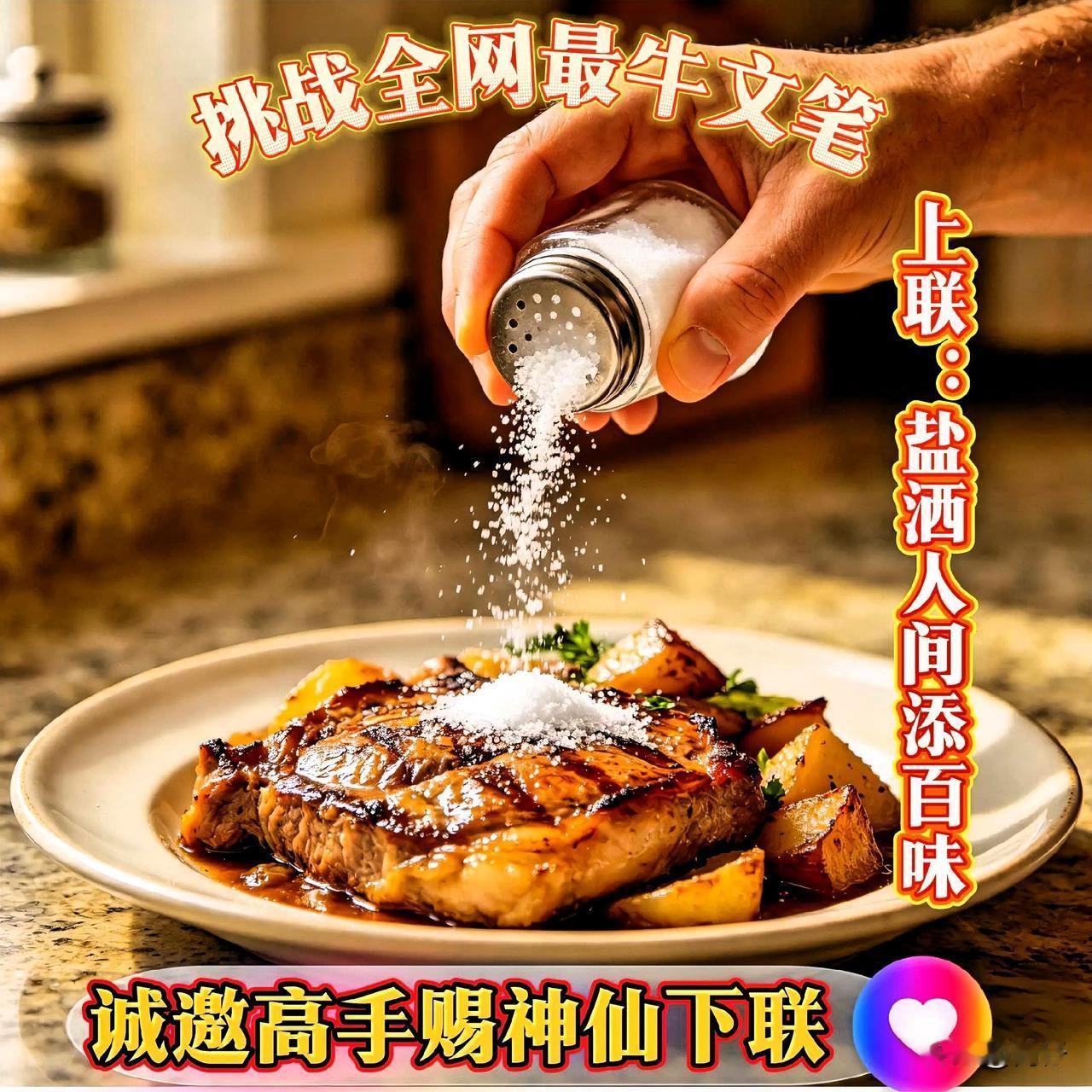 上联直接封神！
“盐洒人间添百味”，
盐是百味之魂，
人间烟火都在这一句里
把烟