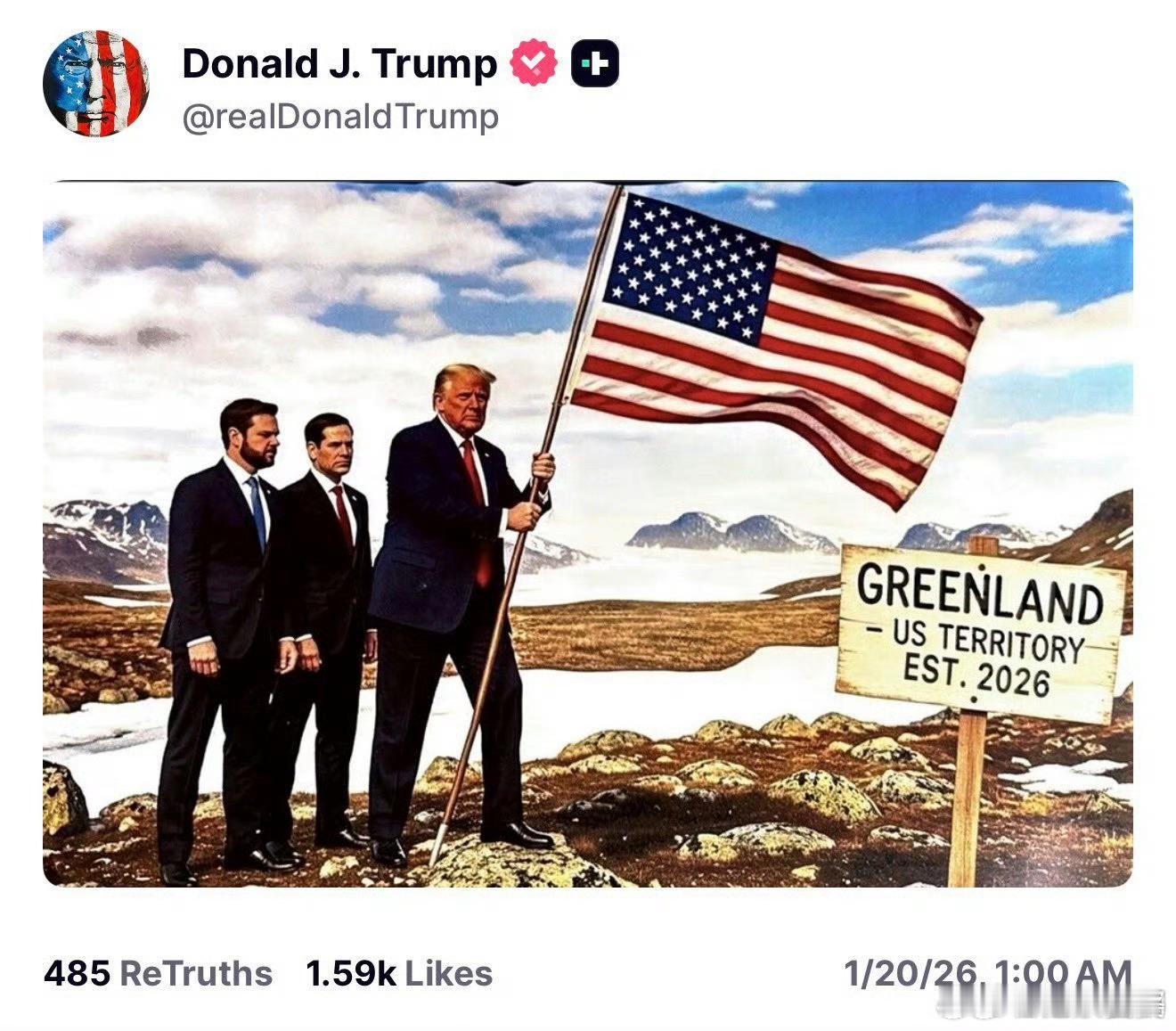 川皇今日好活儿：赛博插旗~！~！他发了一张他自己带着左右护法万斯和鲁彪在格陵兰岛