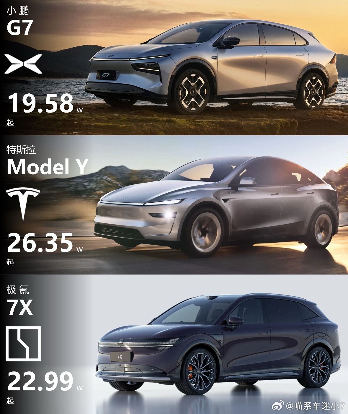 小鹏G7、Model Y、极氪7X这三款纯电SUV各有亮点，选择时要根据你的需求