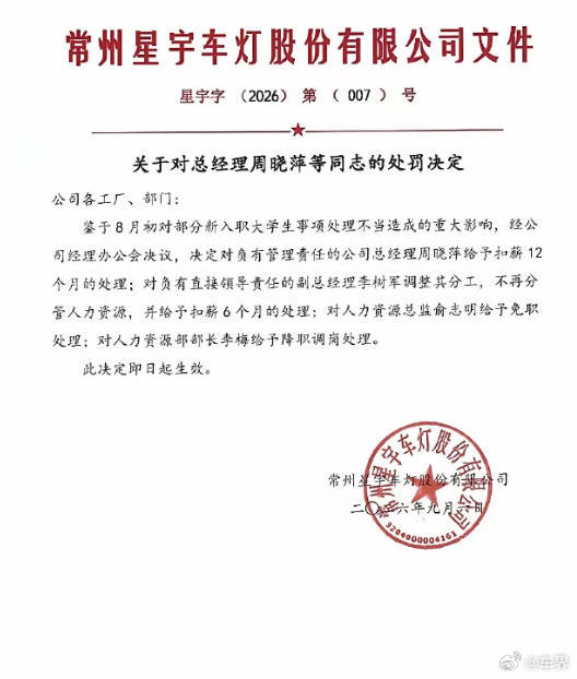 星宇车灯处罚公告 星宇车灯事件内部处罚结果来了：总经理扣薪12个月；对副总经理调