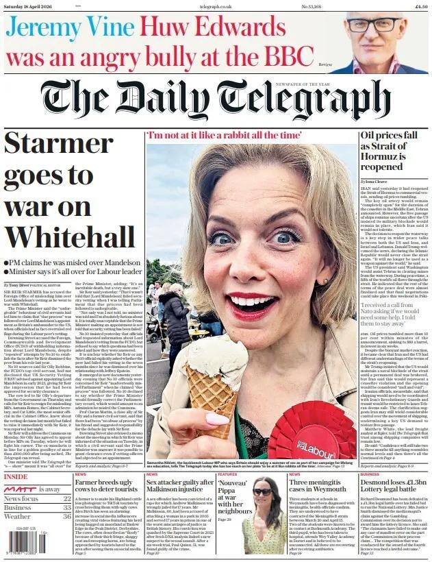 据《每日电讯报》报道，英国首相基尔·斯塔默爵士因彼得·曼德尔森审查事件“对白厅开