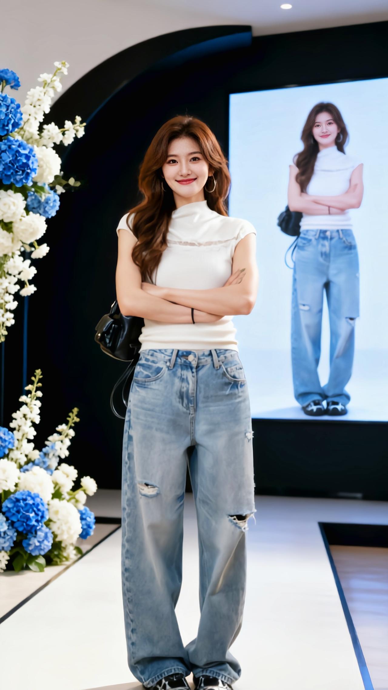 浅蓝色高腰阔腿牛仔裤 牛仔阔腿裤的百变魅力 直筒显瘦秀场同款长裤 同款显瘦高腰阔