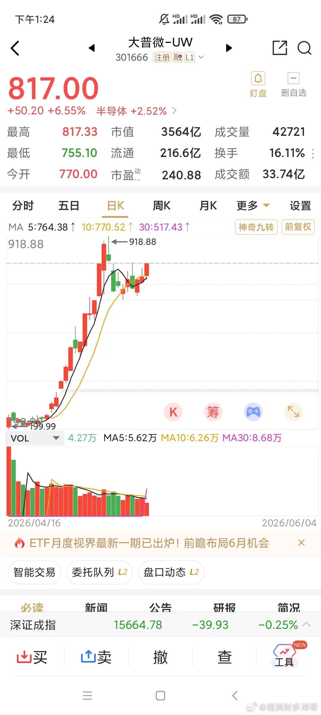 今天又是涨科技的一天，其他票继续阴跌。我看有不少人说，自己扛不住了，跌的看不到希