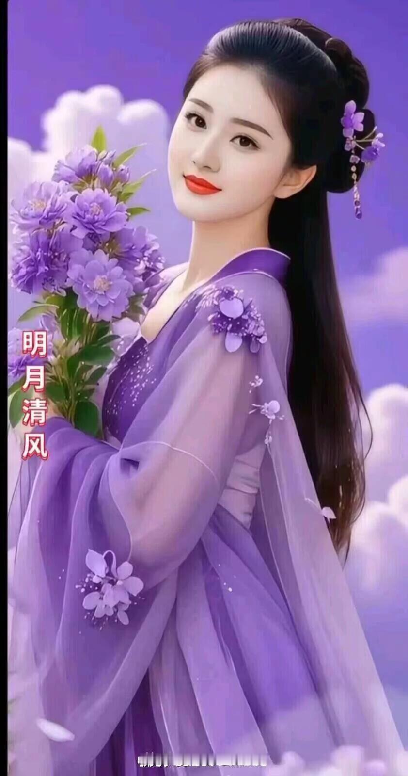 “清冷月色，紫衣佳人，花影摇曳间”🌙🌸💜