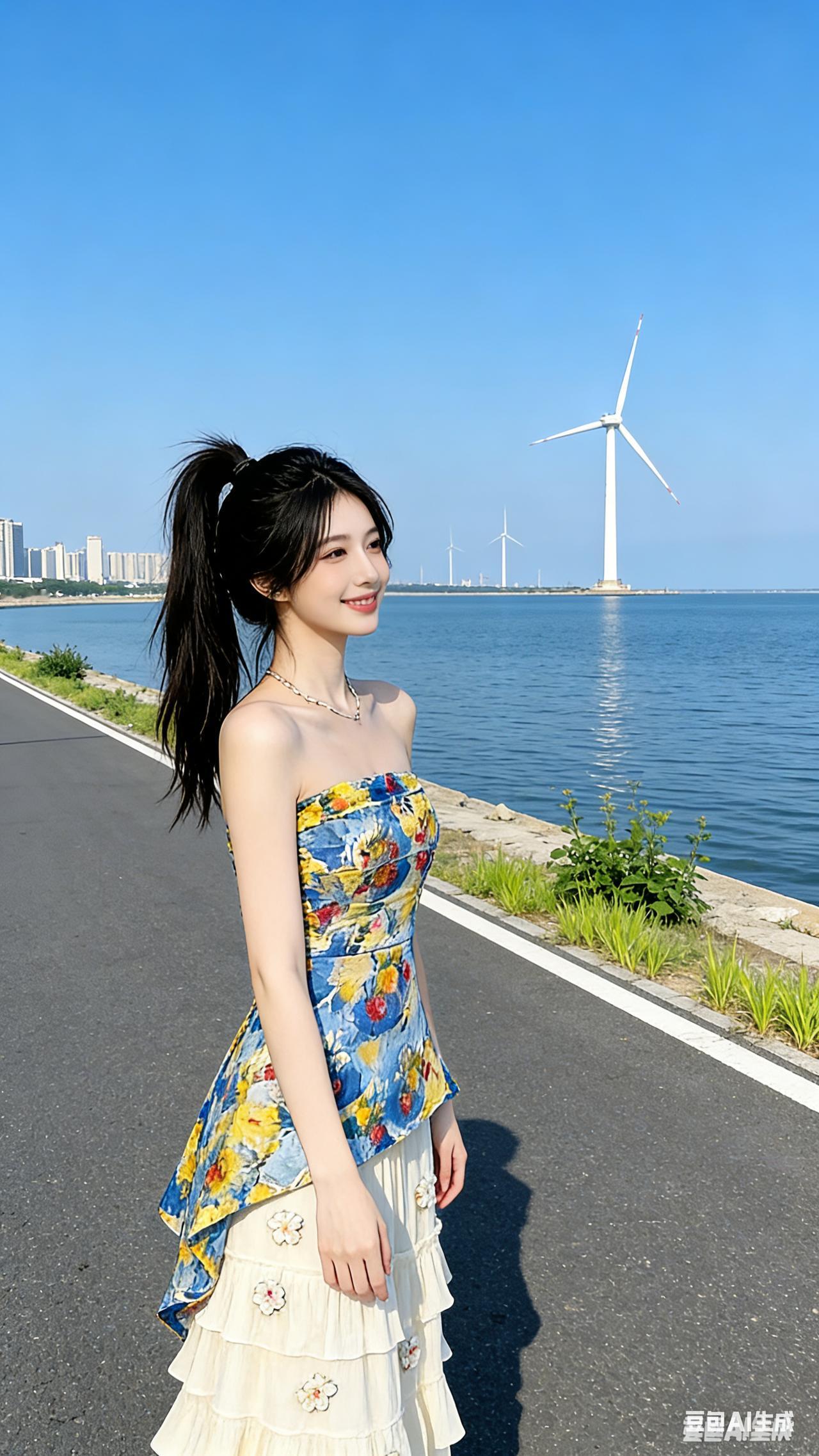 美女妆容精致，笑容明媚甜暖，绑清爽高马尾，立于城市滨海柏油路，旁临开阔海面，远处