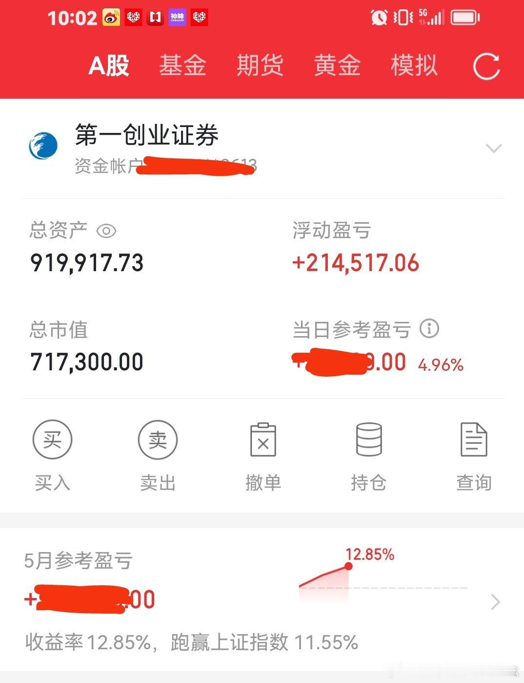 我5月份开始80万的账户：持股西部材料，金螳螂。今天又涨停啦，一直马前炮告诉你啦