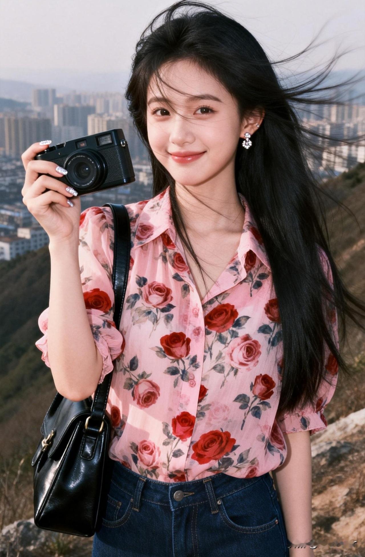 🌸 粉色花衬衫搭配牛仔裙，手持相机，元气满满的一天！📸💕