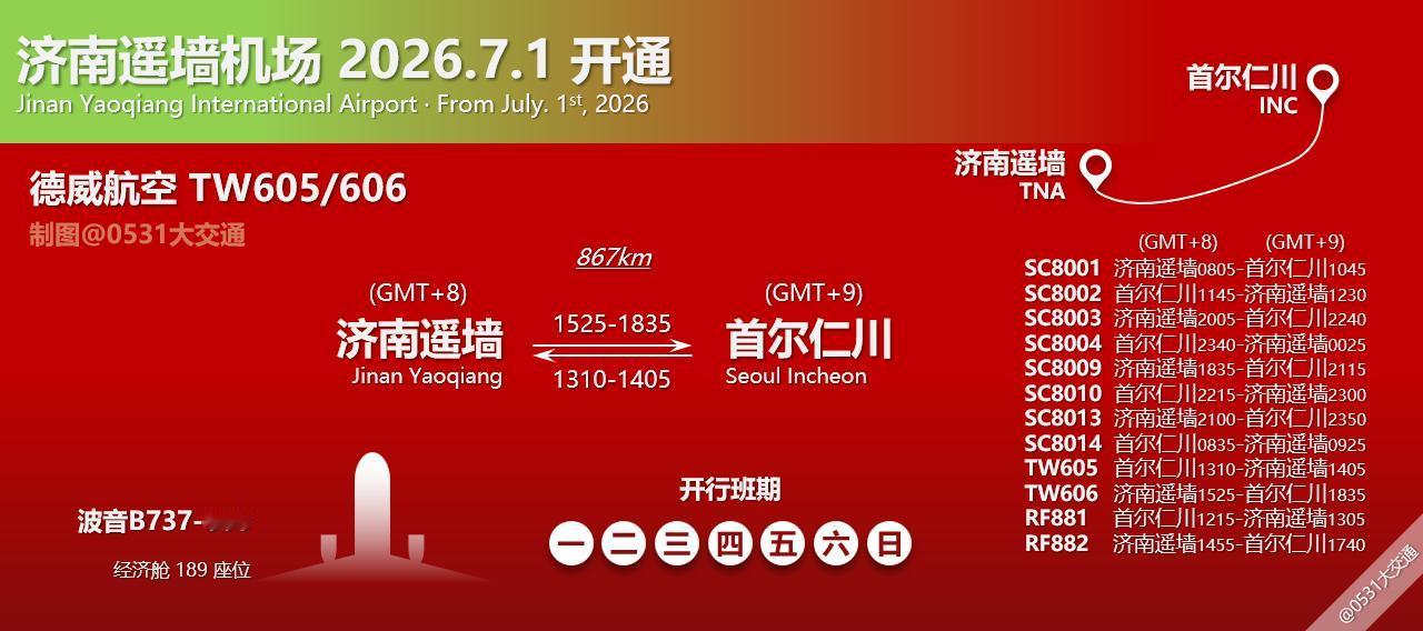 7月1日起至航季末，德威航空【新译名泰瑞航空】回复TW605/606首尔仁川-济