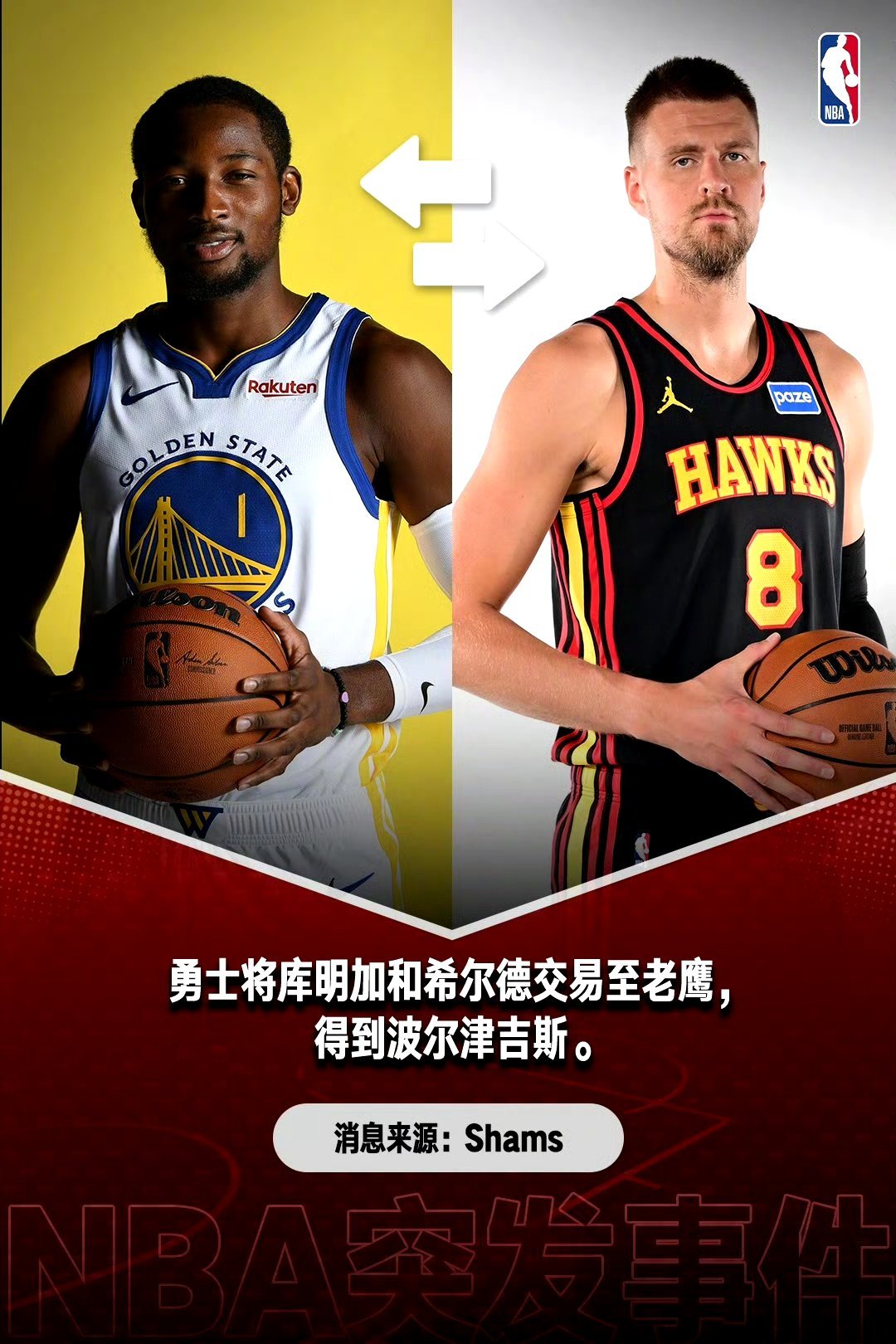 勇士老鹰交易金州勇士与亚特兰大老鹰达成交易，核心方案为勇士送出前锋乔纳森·库明加
