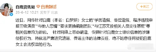 演员白鹿启动名誉维权诉讼：学历造假、番位造假、要求更换编剧团队、与江苏文投相关人